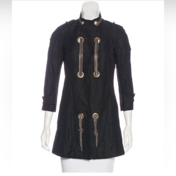 GRYPHON EMBELLISHED TWILL JACKET black cotton blend snap front chain Grommet - Picture 1 of 8